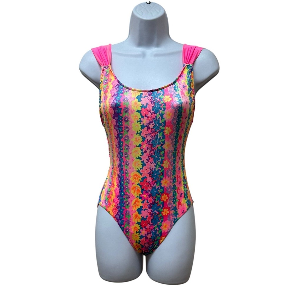 Vintage Sasson Swimsuit Bathing Suit One Piece Neon Retro Print Size M